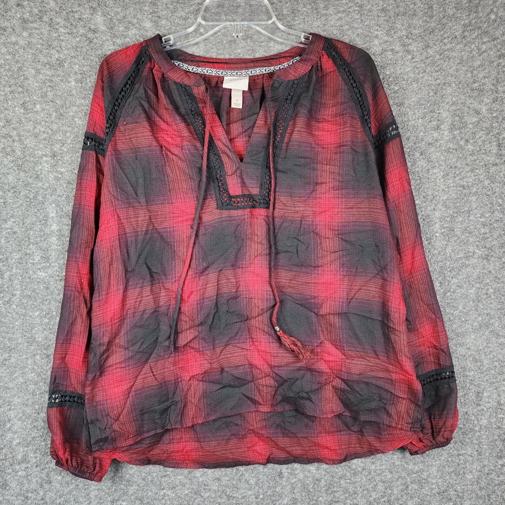 Knox Rose Blouse Women S‎ Red Black Plaid Crochet Lace Trim Boho Tassel Top